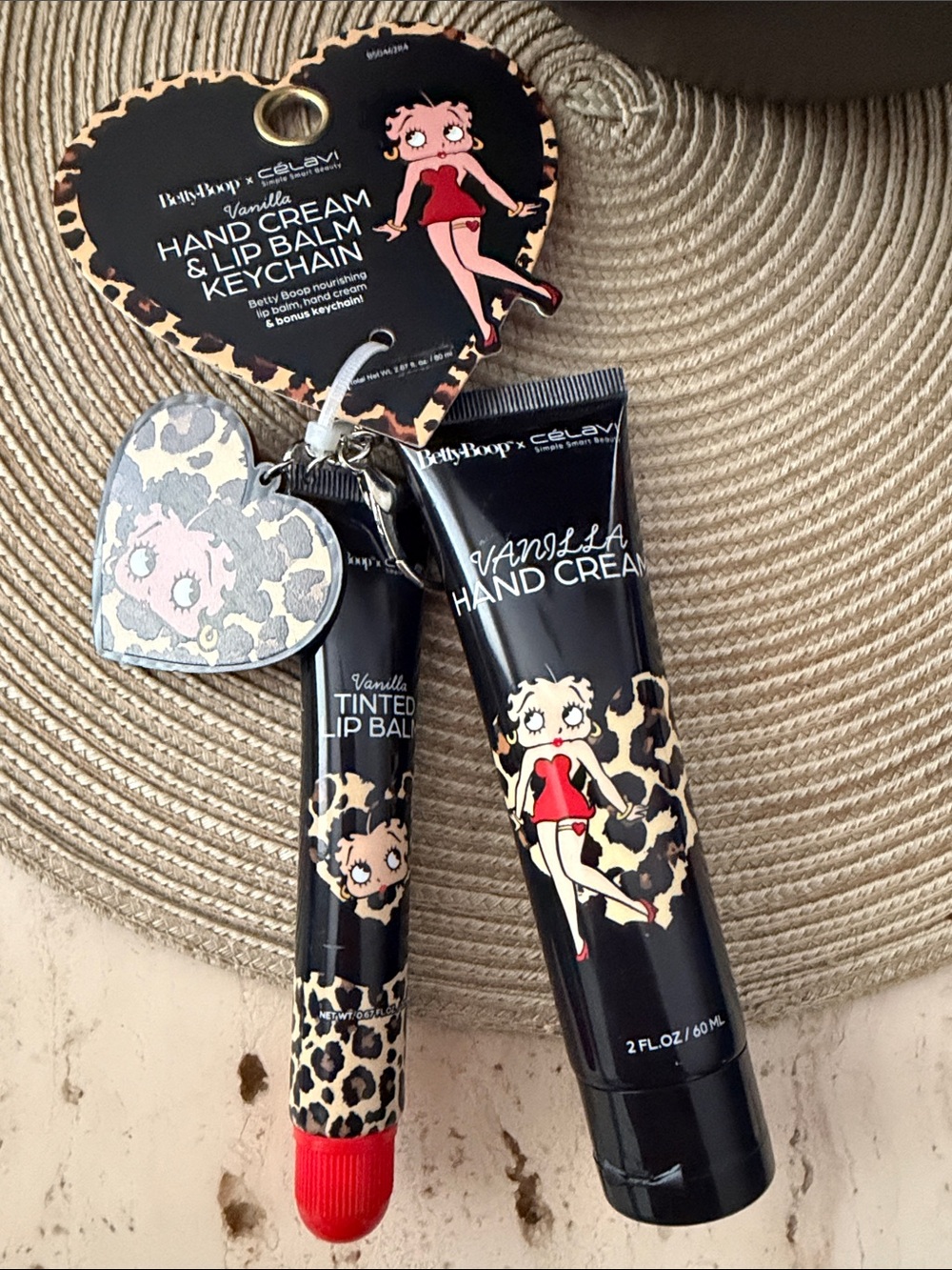 Betty Boop x Celavi Leopard Vanilla Hand Cream & Tinted Lip Balm Keychain Set